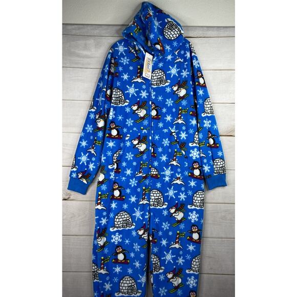 Winter Wonderland Footed Pajamas Adult Sz L Penguins Bears Igloo Dark Blue NWT - Picture 2 of 9